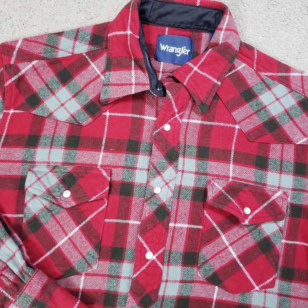 Wrangler Shirt Men L Red Plaid Brushed Flannel Pearl‎ Snap Thick Country Western